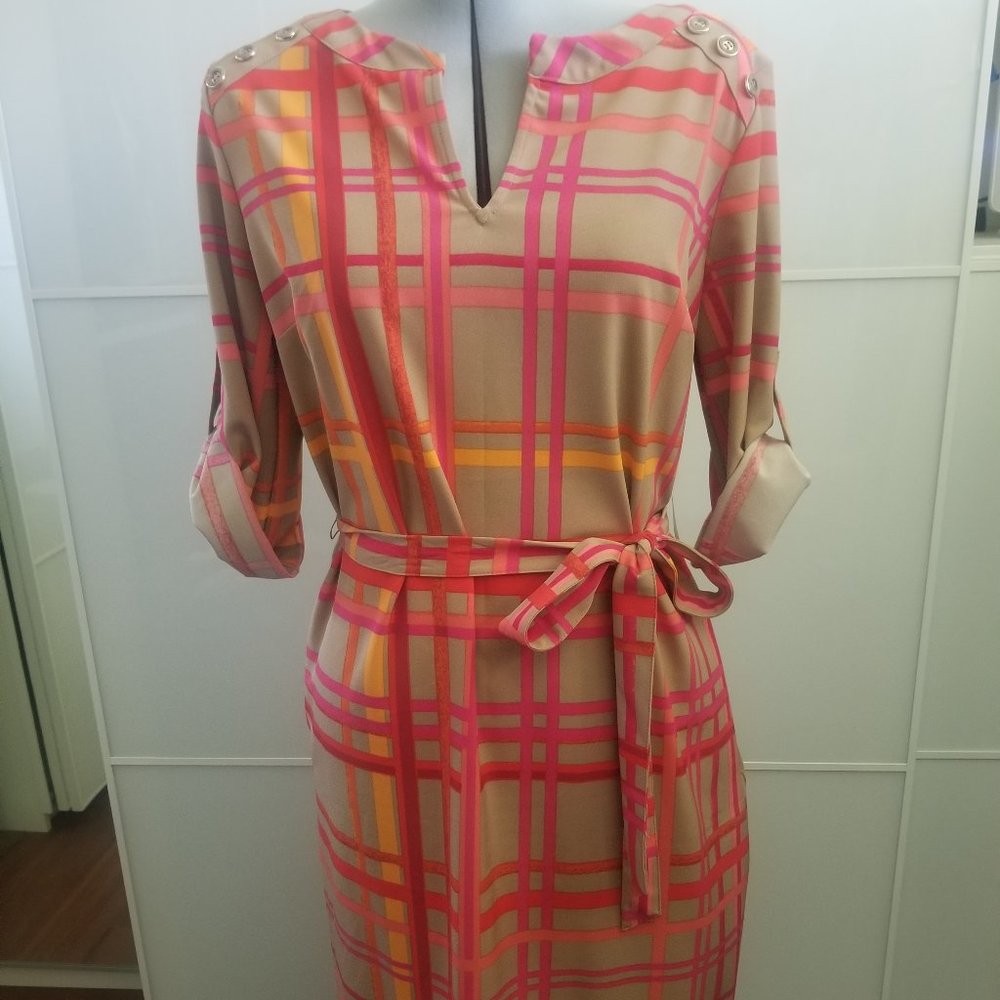 NY&Co Tie Waist Rolled Sleeve Plaid Dress